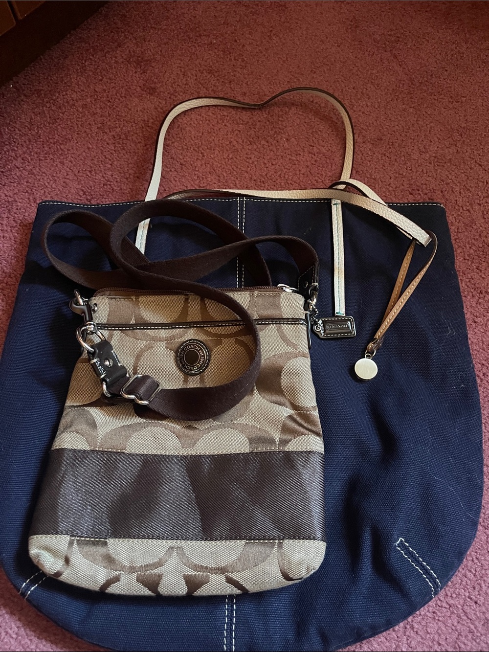 Coach Navy Tote with Tan Signature Crossbody